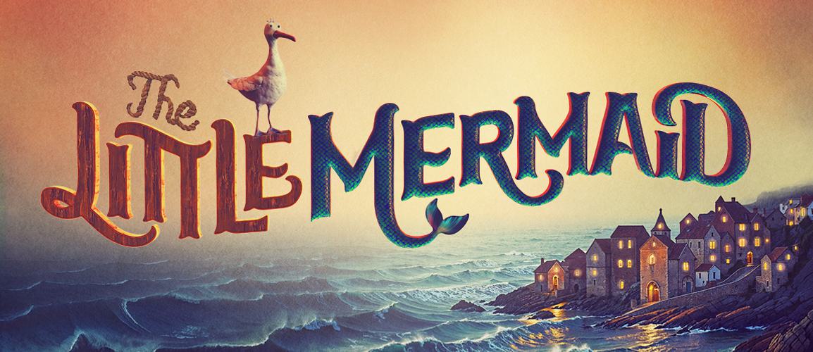 A coastal scene, with houses with twinkly lights. A seagull is sitting on The Little Mermaid title, which is made out of rope, wood and mermaid scales