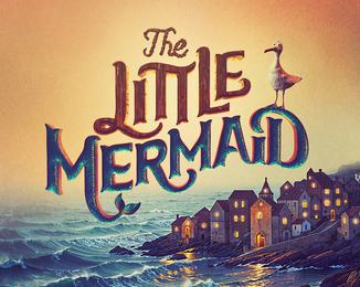 A coastal scene, with houses with twinkly lights. A seagull is sitting on The Little Mermaid title, which is made out of rope, wood and mermaid scales