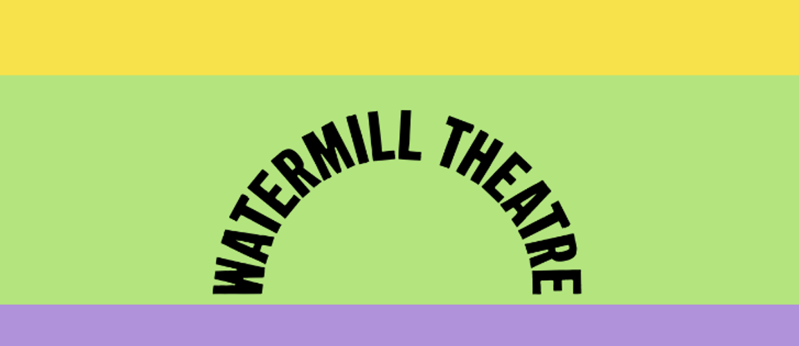 Watermill Theatre logo on a lime green background with yellow and lilac bars