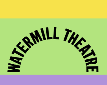 Watermill Theatre logo on a lime green background with yellow and lilac bars